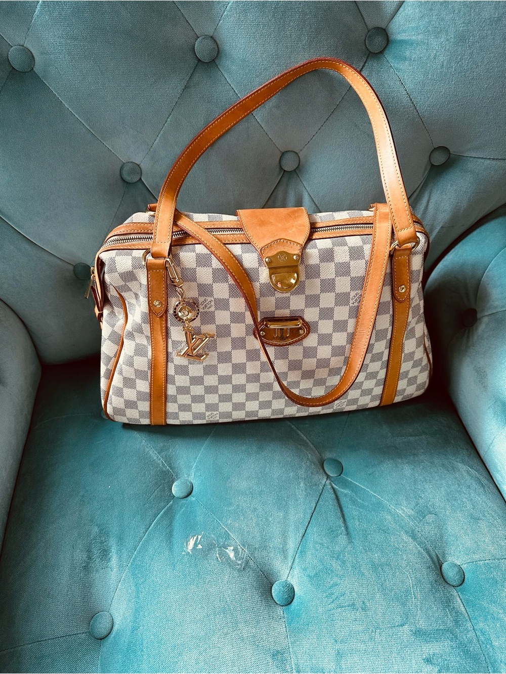 Louis Vuitton Damier Azur Canvas Shoulder Bag with Tan Leather Trim